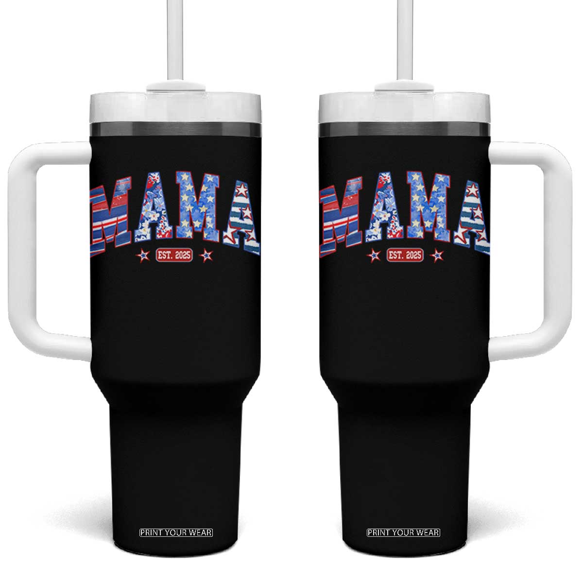 American Mama Est 2025 Tumbler With Handle 4th of July Pregnancy Reveal TS10 One Size: 40 oz Black Print Your Wear