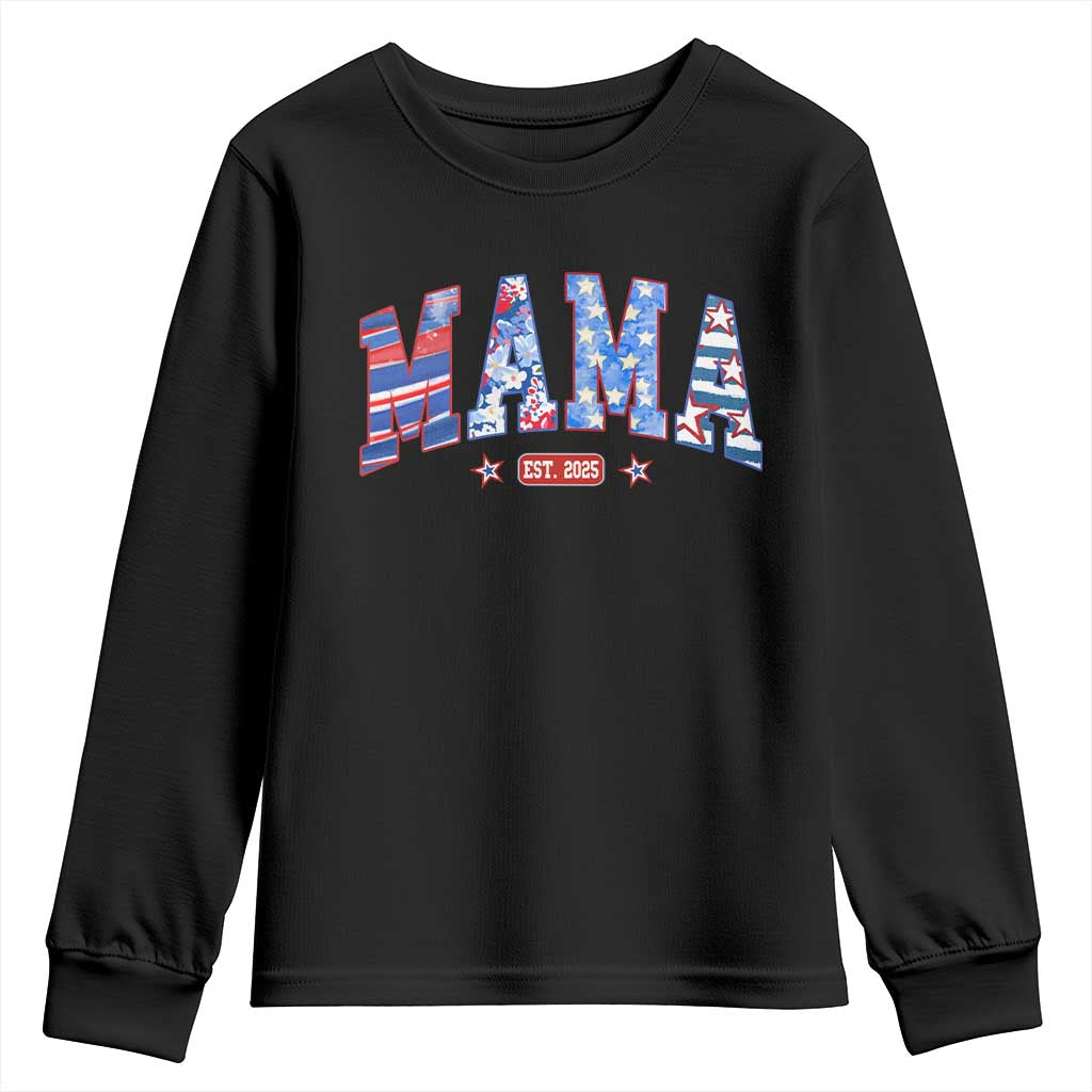 American Mama Est 2025 Youth Sweatshirt 4th of July Pregnancy Reveal TS10 Black Print Your Wear