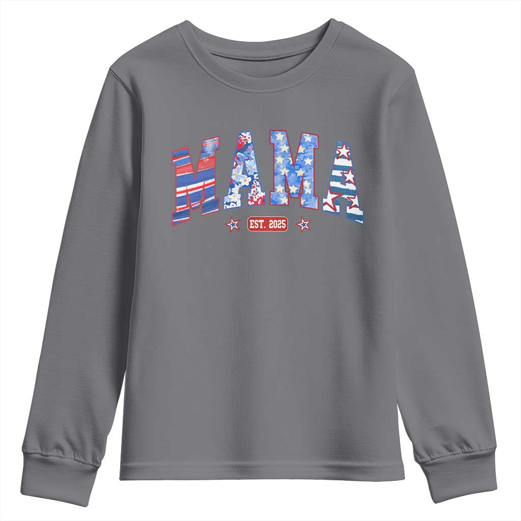 American Mama Est 2025 Youth Sweatshirt 4th of July Pregnancy Reveal TS10 Charcoal Print Your Wear