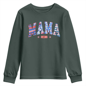 American Mama Est 2025 Youth Sweatshirt 4th of July Pregnancy Reveal TS10 Dark Forest Green Print Your Wear