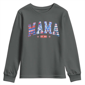 American Mama Est 2025 Youth Sweatshirt 4th of July Pregnancy Reveal TS10 Dark Heather Print Your Wear
