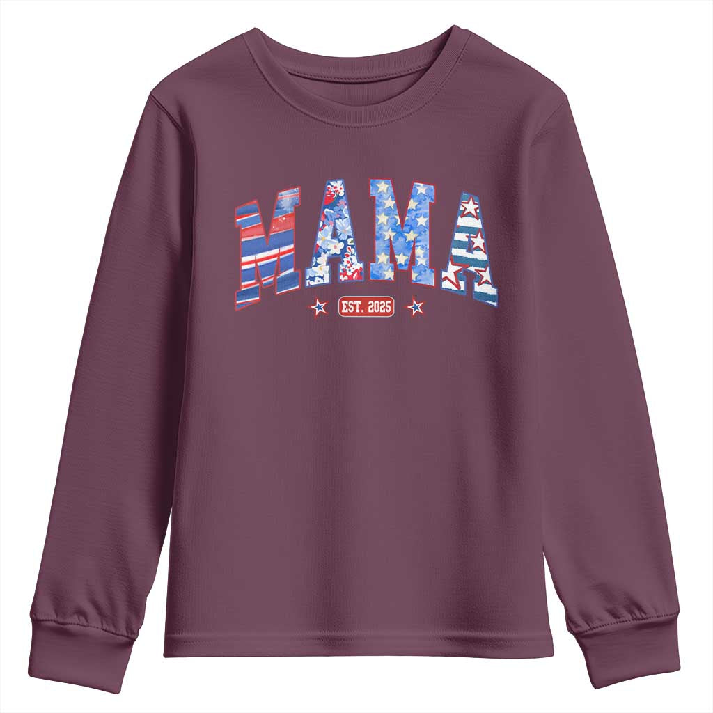 American Mama Est 2025 Youth Sweatshirt 4th of July Pregnancy Reveal TS10 Maroon Print Your Wear