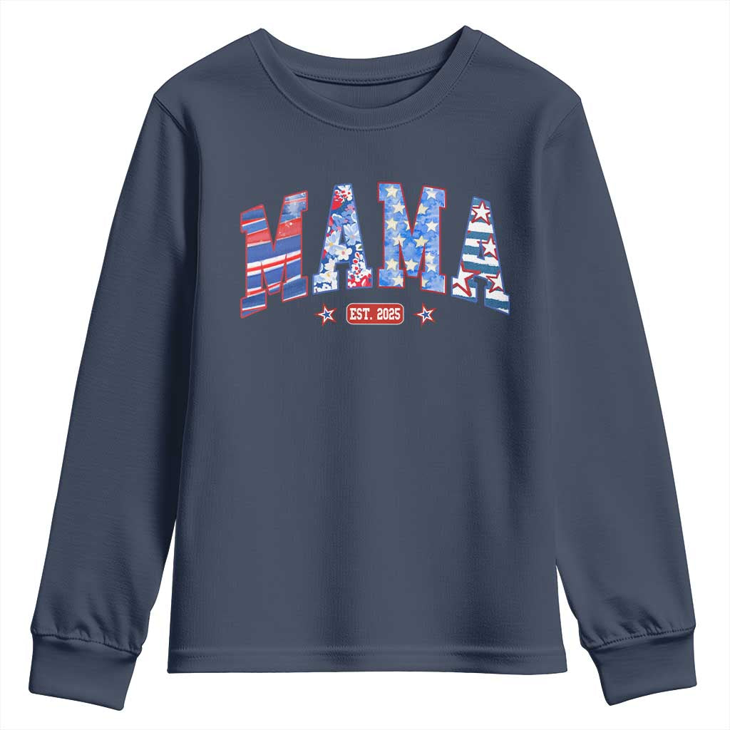 American Mama Est 2025 Youth Sweatshirt 4th of July Pregnancy Reveal TS10 Navy Print Your Wear