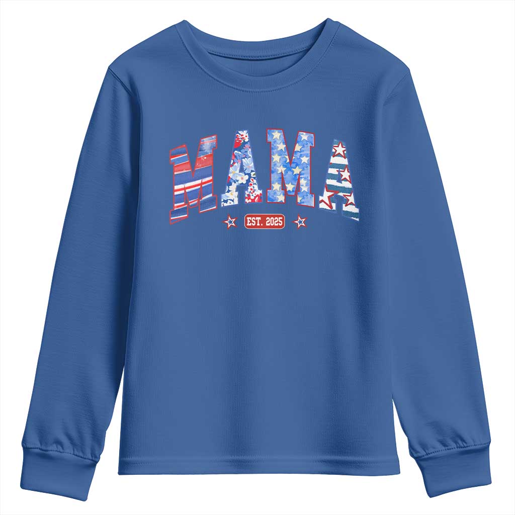American Mama Est 2025 Youth Sweatshirt 4th of July Pregnancy Reveal TS10 Royal Blue Print Your Wear