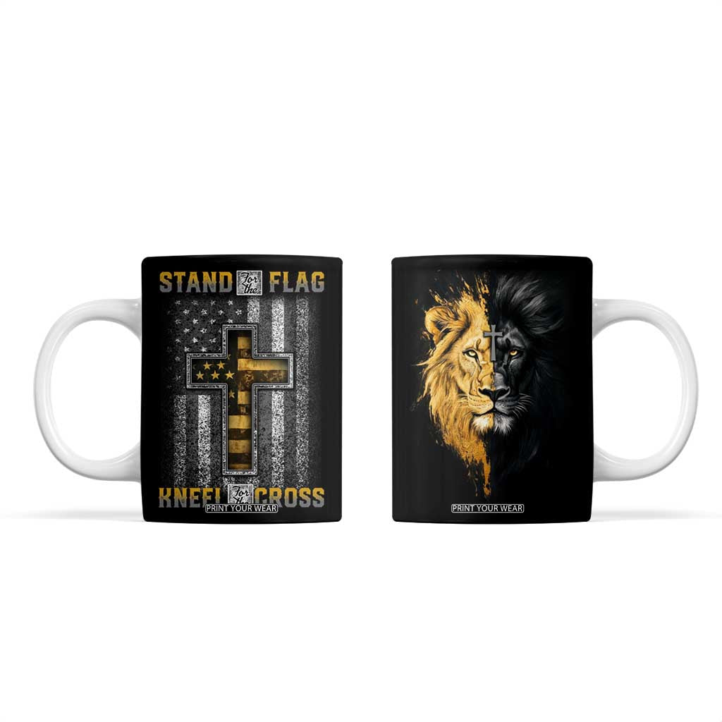 American Patriot Christian Coffee Mug Stand For the Flag Kneel For the Cross Lion TB09 Black Print Your Wear