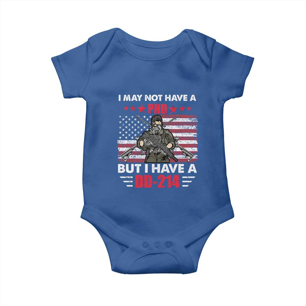 American Veteran Baby Onesie I May Not Have A PhD But Have A DD-214 US Bald Eagle TS02 Royal Blue Print Your Wear