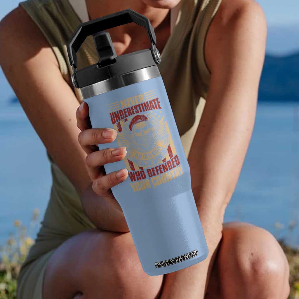 American Veteran Flip Straw Tumbler Never Underestimate An Old Man Who Defended Your Country TS02 One Size: 30 oz Light Blue Print Your Wear