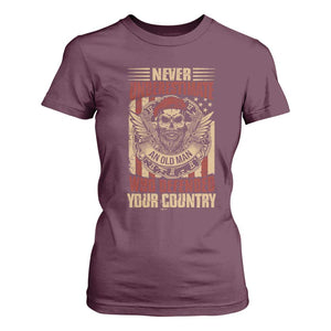 American Veteran T Shirt For Women Never Underestimate An Old Man Who Defended Your Country TS02 Maroon Print Your Wear