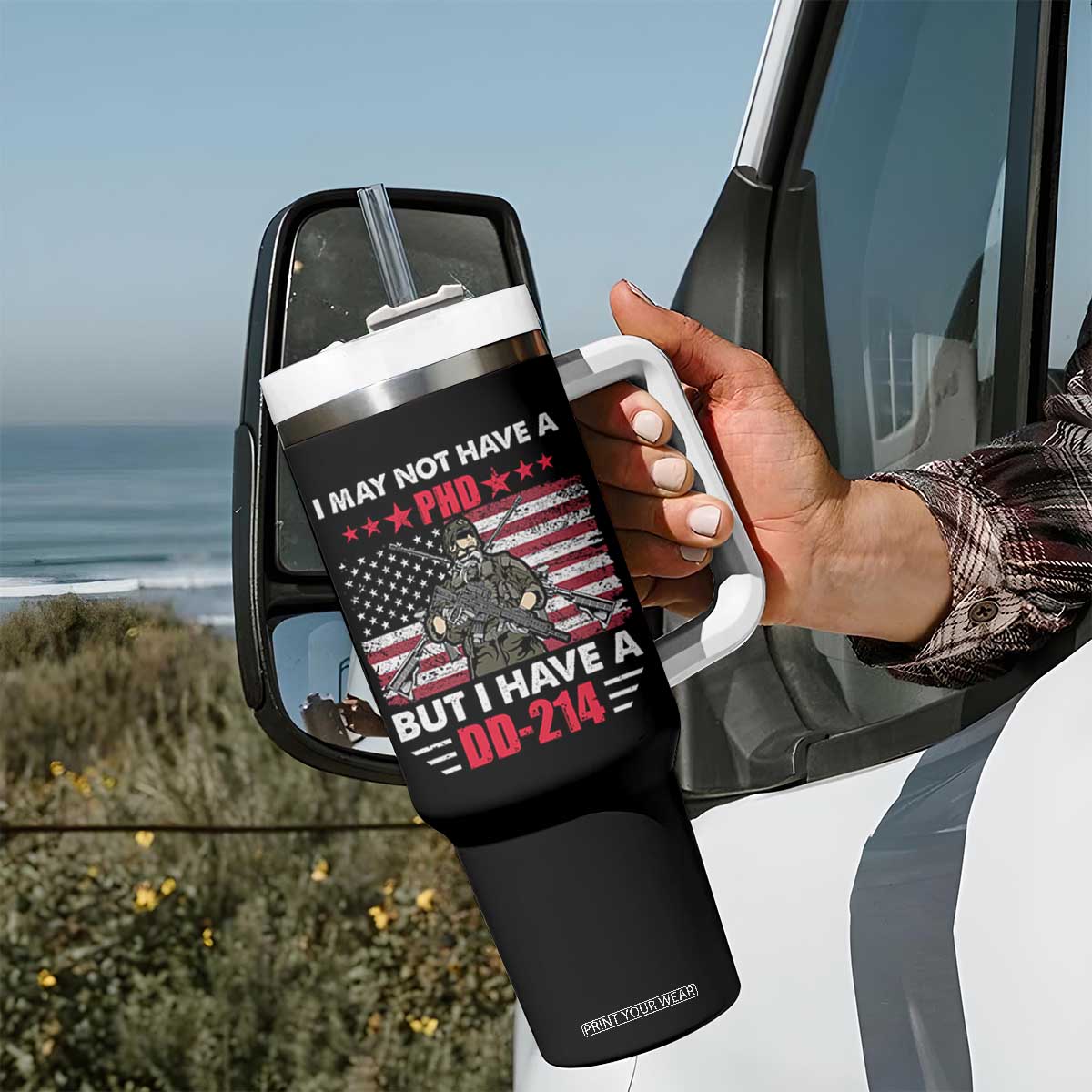 American Veteran Tumbler With Handle I May Not Have A PhD But Have A DD-214 US Bald Eagle TS02 Print Your Wear