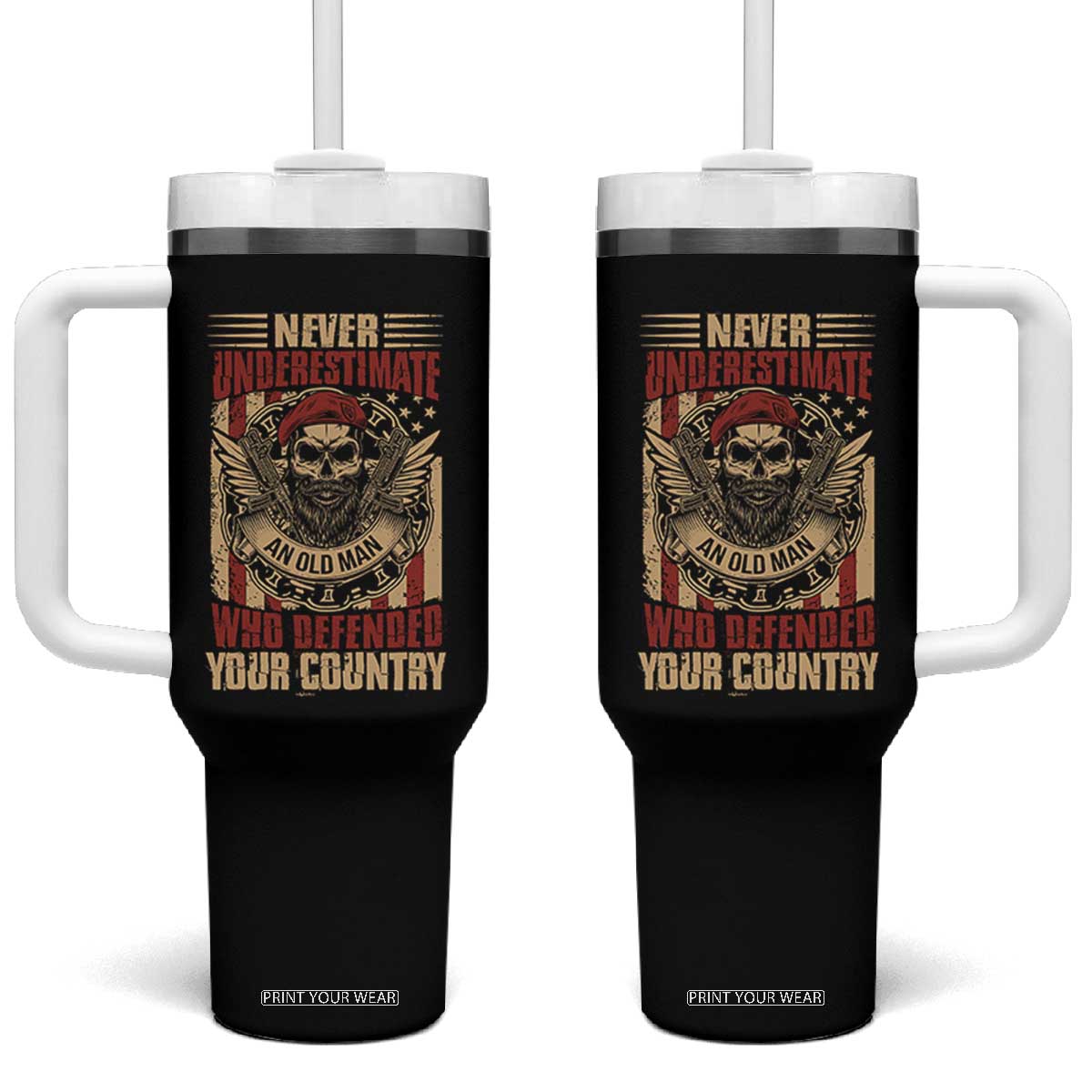 American Veteran Tumbler With Handle Never Underestimate An Old Man Who Defended Your Country TS02 One Size: 40 oz Black Print Your Wear