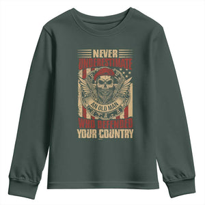 American Veteran Youth Sweatshirt Never Underestimate An Old Man Who Defended Your Country TS02 Dark Forest Green Print Your Wear