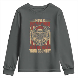 American Veteran Youth Sweatshirt Never Underestimate An Old Man Who Defended Your Country TS02 Dark Heather Print Your Wear