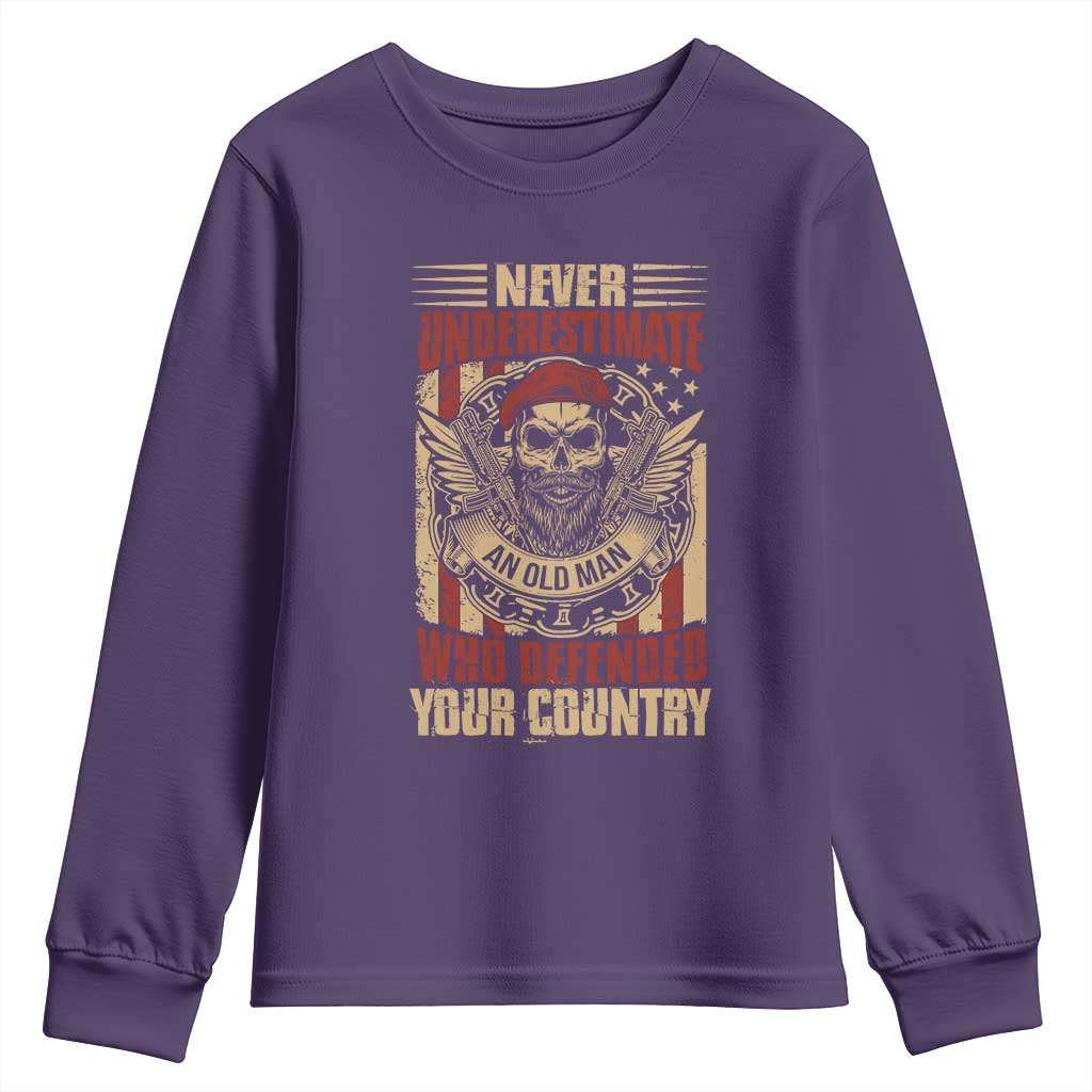 American Veteran Youth Sweatshirt Never Underestimate An Old Man Who Defended Your Country TS02 Purple Print Your Wear