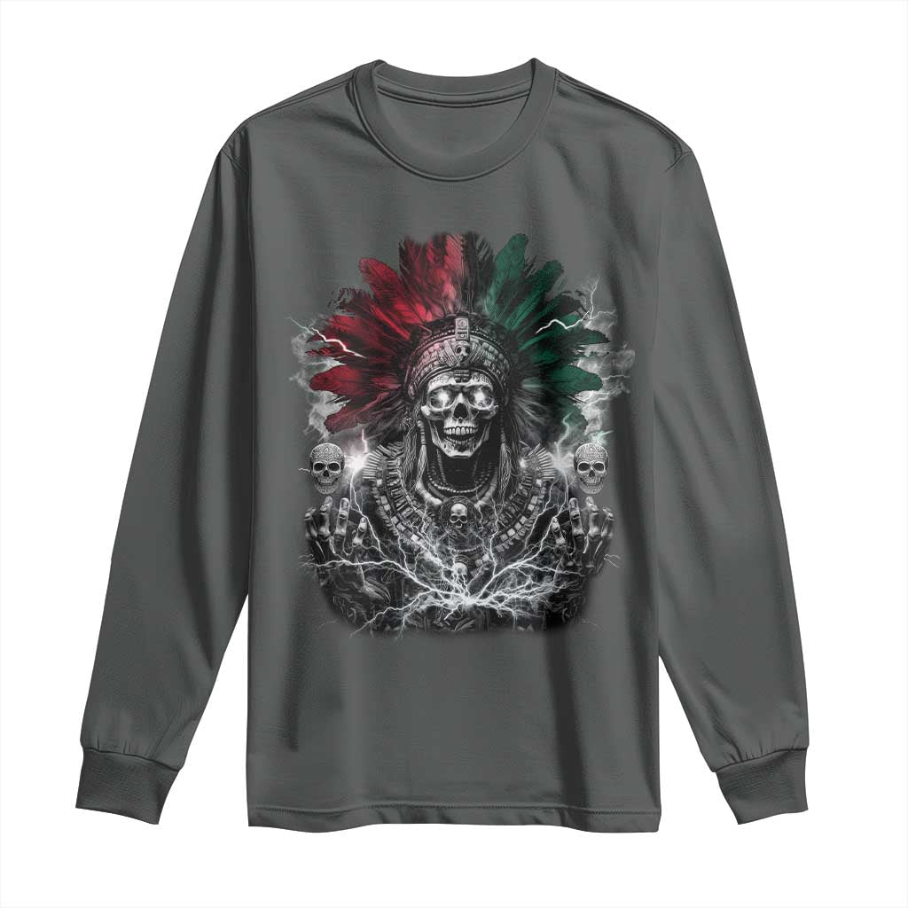Ancient Aztec King Long Sleeve Shirt Calabera Azteca Mexican Skull Skeleton TS10 Dark Heather Print Your Wear