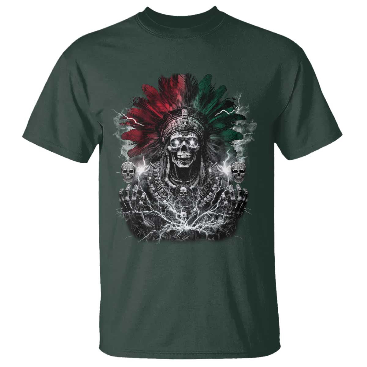 Ancient Aztec King T Shirt Calabera Azteca Mexican Skull Skeleton TS10 Dark Forest Green Print Your Wear