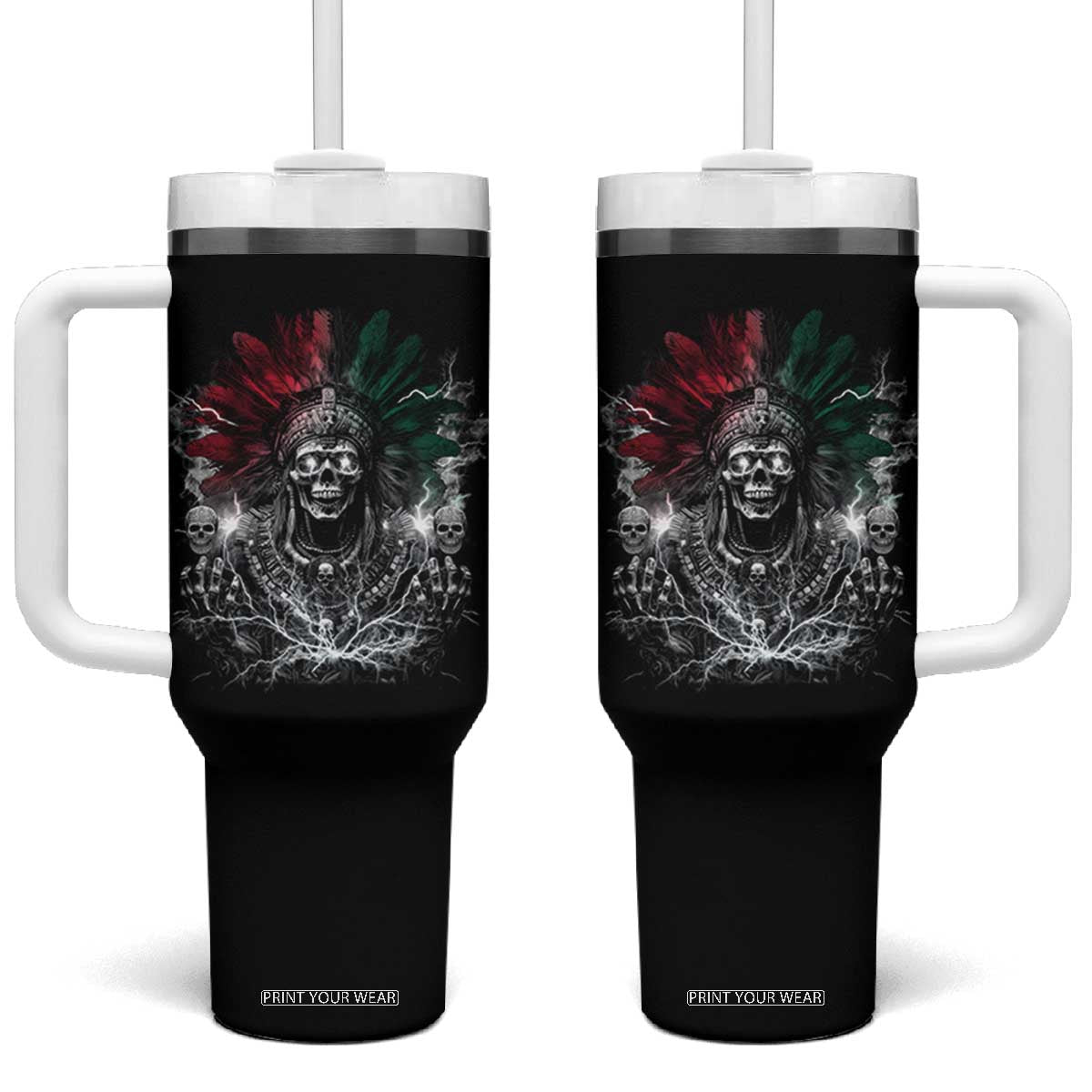 Ancient Aztec King Tumbler With Handle Calabera Azteca Mexican Skull Skeleton TS10 One Size: 40 oz Black Print Your Wear