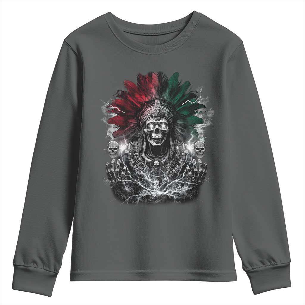 Ancient Aztec King Youth Sweatshirt Calabera Azteca Mexican Skull Skeleton TS10 Dark Heather Print Your Wear