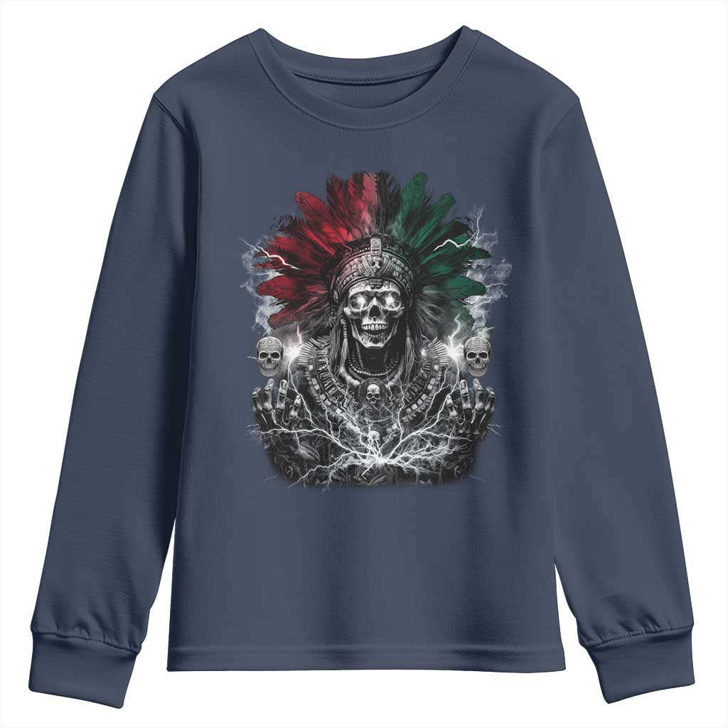 Ancient Aztec King Youth Sweatshirt Calabera Azteca Mexican Skull Skeleton TS10 Navy Print Your Wear