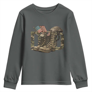 Army Military Dad Combat Boots American Flag Youth Sweatshirt TS11 Dark Heather Print Your Wear