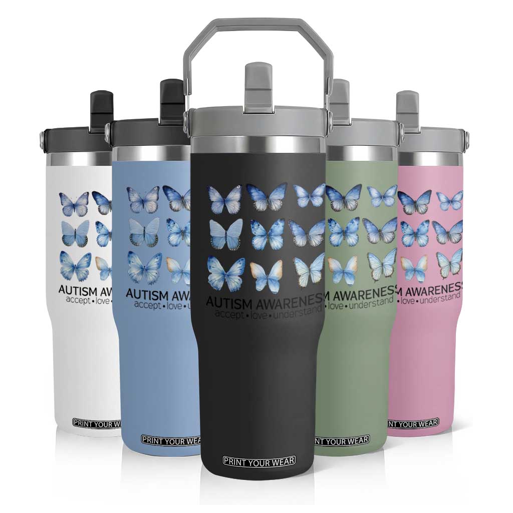 Autism Awareness Blue Butterflies Flip Straw Tumbler Accept Love Understand TS02 Print Your Wear