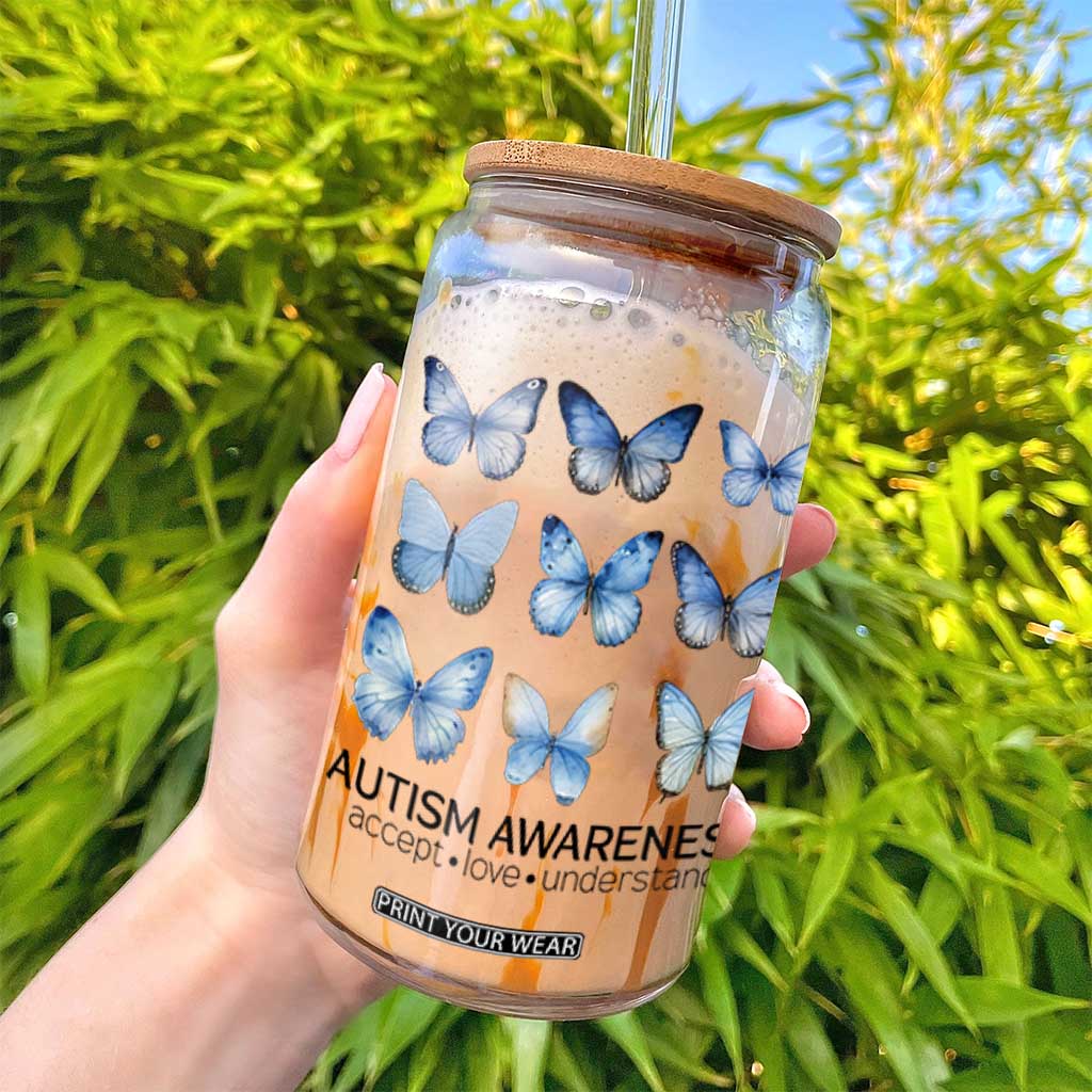 Autism Awareness Blue Butterflies Glass Can Accept Love Understand TS02 Print Your Wear