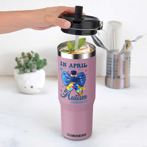 Autism Awareness Flip Straw Tumbler In April We Wear Blue Puzzle Ribbon Coquette Bow TS02 One Size: 30 oz Light Pink Print Your Wear