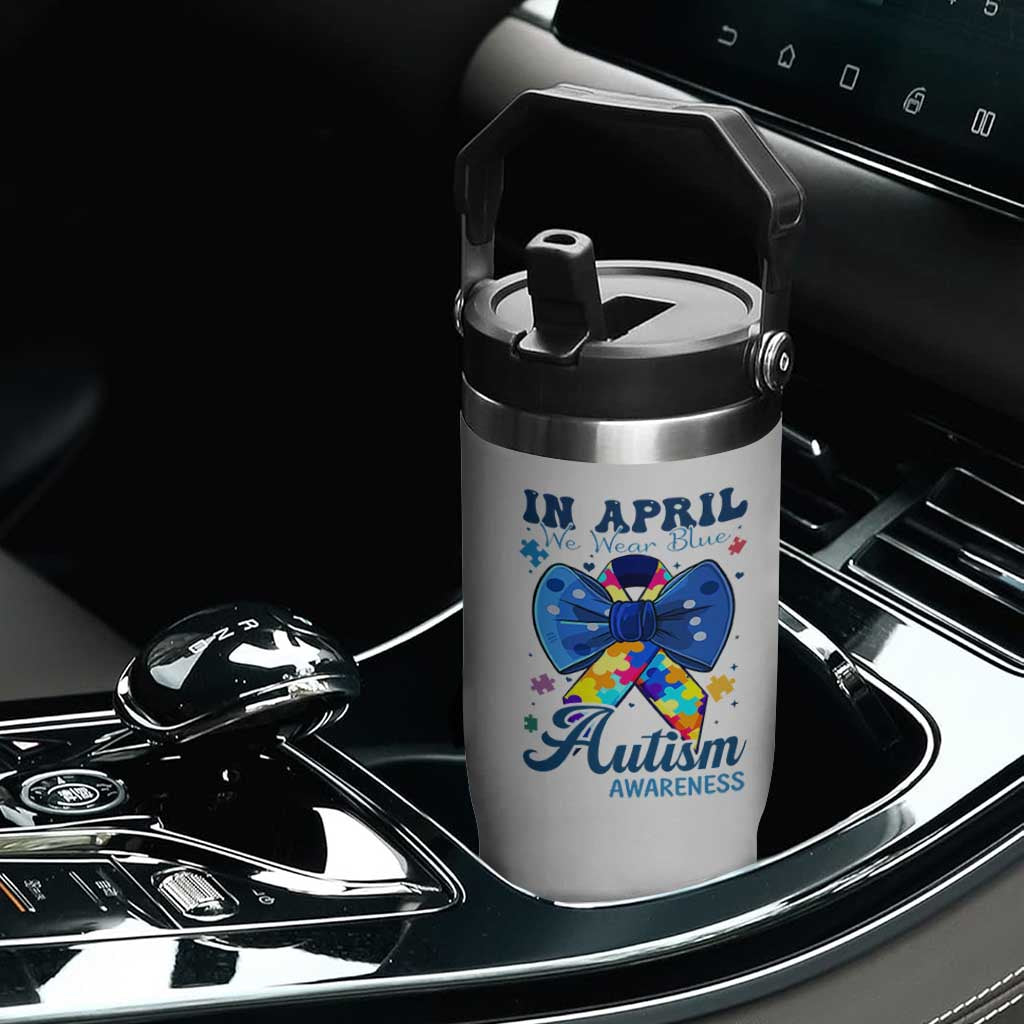 Autism Awareness Flip Straw Tumbler In April We Wear Blue Puzzle Ribbon Coquette Bow TS02 Print Your Wear