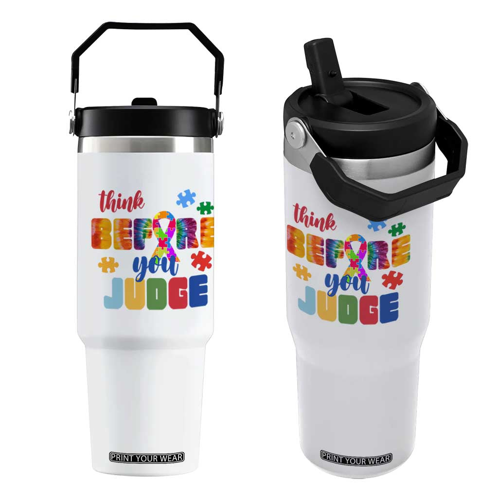 Autism Awareness Flip Straw Tumbler Think Before You Judge Autistic Support TS02 One Size: 30 oz White Print Your Wear