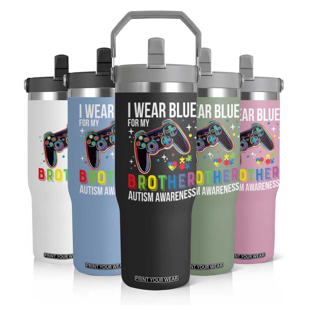 Autism Awareness Gamer Flip Straw Tumbler I Wear Blue for My Brother Video Game Family Support TS02 Print Your Wear
