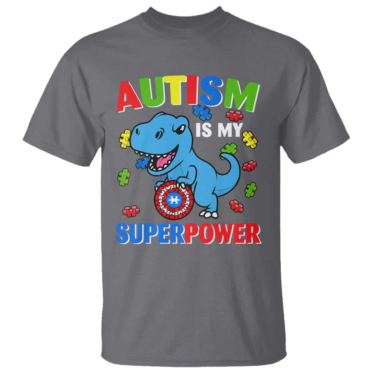 Autism Awareness Is My Superpower T Shirt Cute Dinosaur Dino Kids Boys TS10 Charcoal Print Your Wear