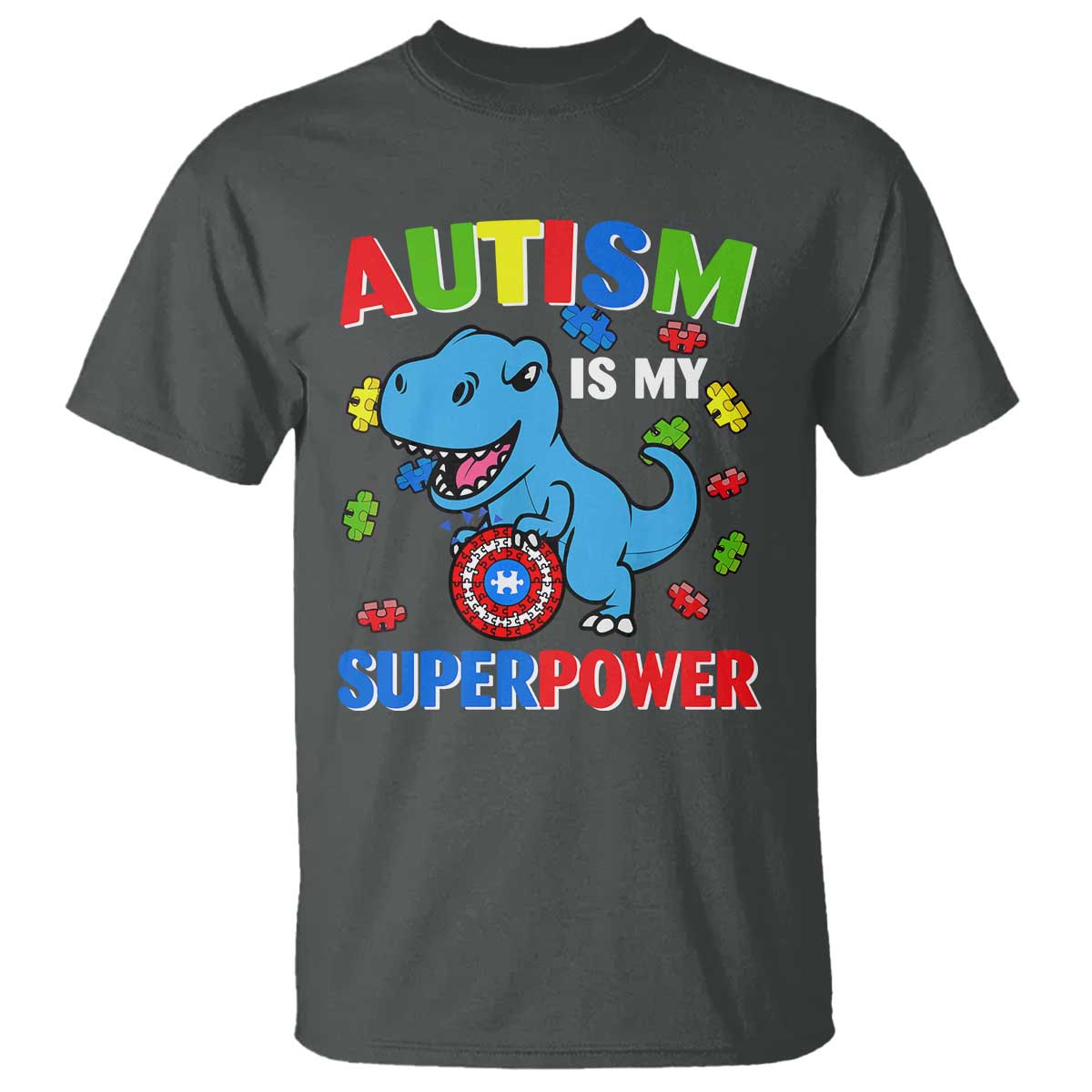 Autism Awareness Is My Superpower T Shirt Cute Dinosaur Dino Kids Boys TS10 Dark Heather Print Your Wear