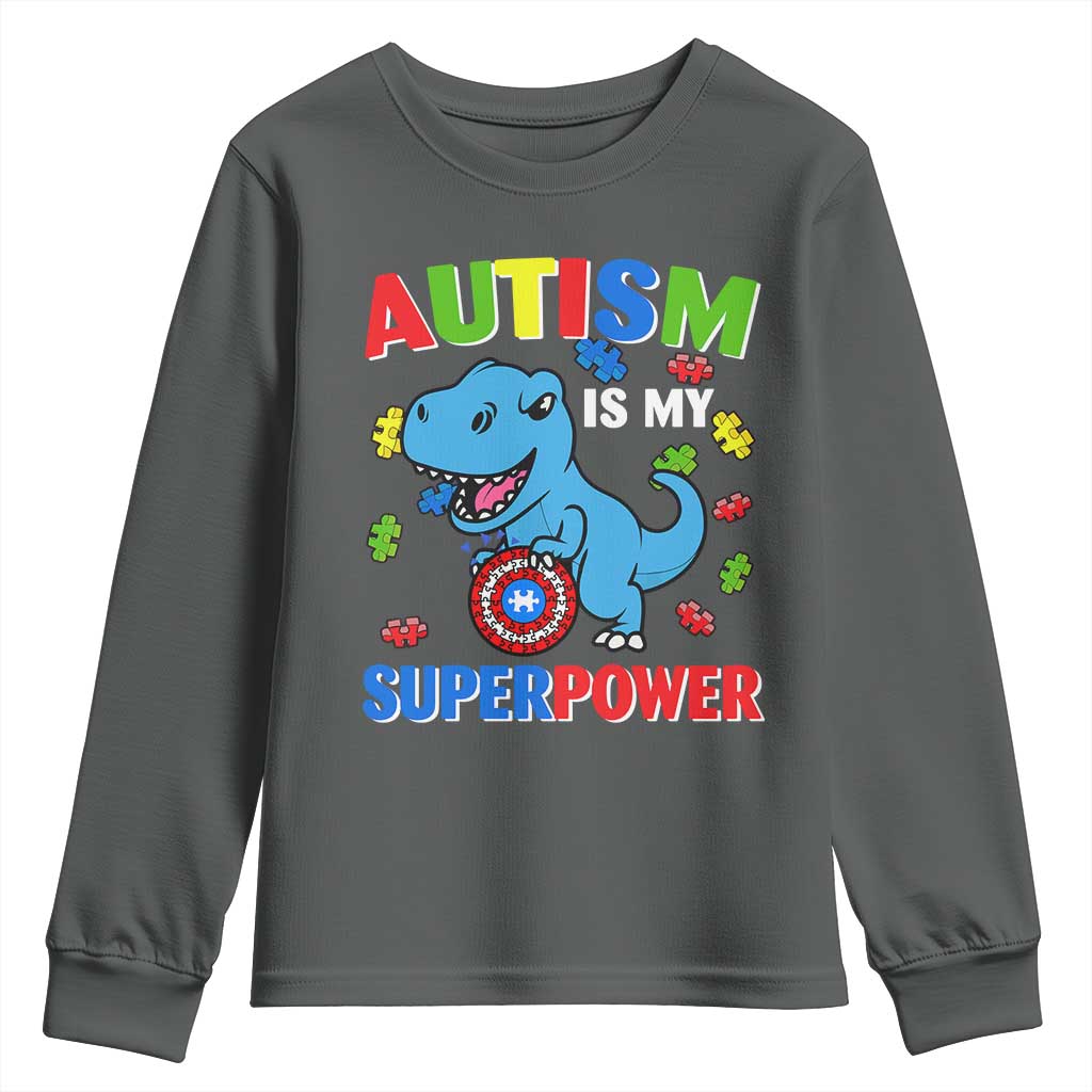 Autism Awareness Is My Superpower Youth Sweatshirt Cute Dinosaur Dino Kids Boys TS10 Dark Heather Print Your Wear