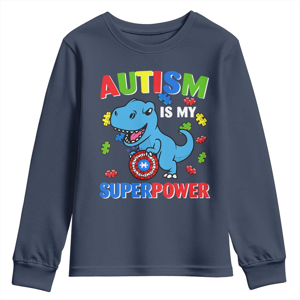 Autism Awareness Is My Superpower Youth Sweatshirt Cute Dinosaur Dino Kids Boys TS10 Navy Print Your Wear