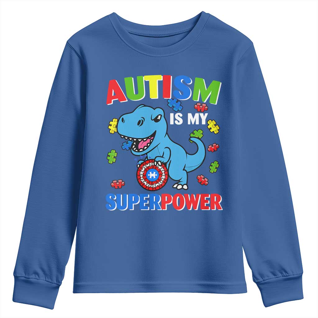 Autism Awareness Is My Superpower Youth Sweatshirt Cute Dinosaur Dino Kids Boys TS10 Royal Blue Print Your Wear