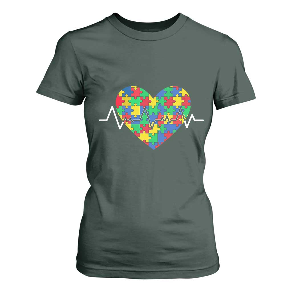 Autism Awareness Love Heart Puzzle Acceptance T Shirt For Women TS10 Dark Forest Green Print Your Wear