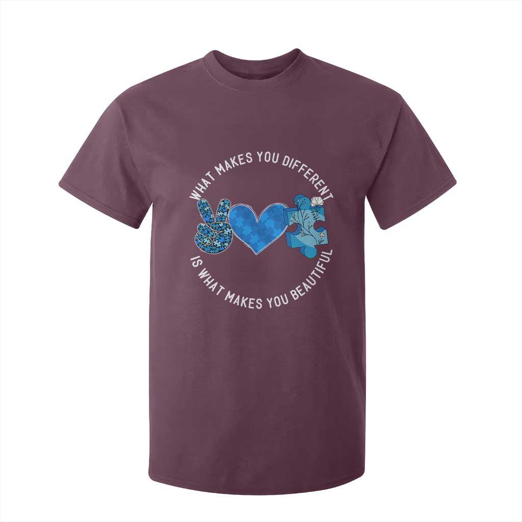 Autism Awareness T Shirt For Kid What Makes You Different Is What Makes You Beautiful TS10 Maroon Print Your Wear