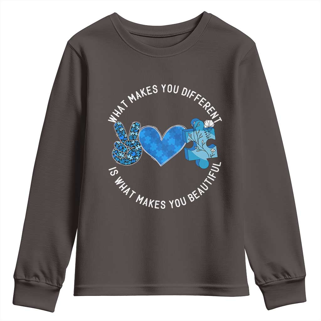 Autism Awareness Youth Sweatshirt What Makes You Different Is What Makes You Beautiful TS10 Dark Chocolate Print Your Wear