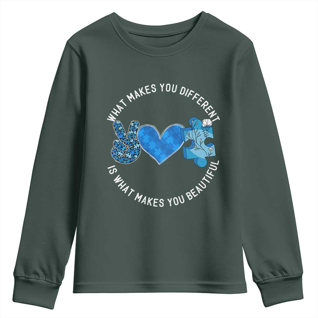 Autism Awareness Youth Sweatshirt What Makes You Different Is What Makes You Beautiful TS10 Dark Forest Green Print Your Wear