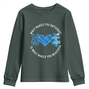 Autism Awareness Youth Sweatshirt What Makes You Different Is What Makes You Beautiful TS10 Dark Forest Green Print Your Wear