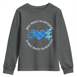 Autism Awareness Youth Sweatshirt What Makes You Different Is What Makes You Beautiful TS10 Dark Heather Print Your Wear