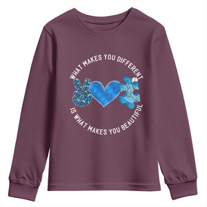 Autism Awareness Youth Sweatshirt What Makes You Different Is What Makes You Beautiful TS10 Maroon Print Your Wear