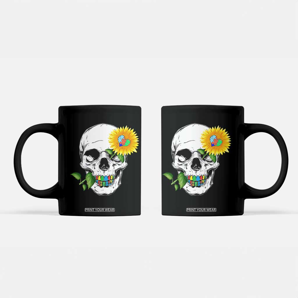 Autism Skull Sunflower Coffee Mug Support Autistic Puzzle Pieces Heart TS02 Black Print Your Wear