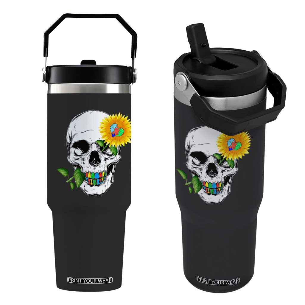 Autism Skull Sunflower Flip Straw Tumbler Support Autistic Puzzle Pieces Heart TS02 One Size: 30 oz Black Print Your Wear