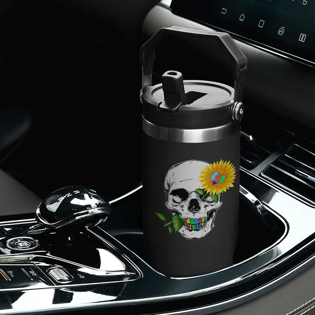 Autism Skull Sunflower Flip Straw Tumbler Support Autistic Puzzle Pieces Heart TS02 Print Your Wear