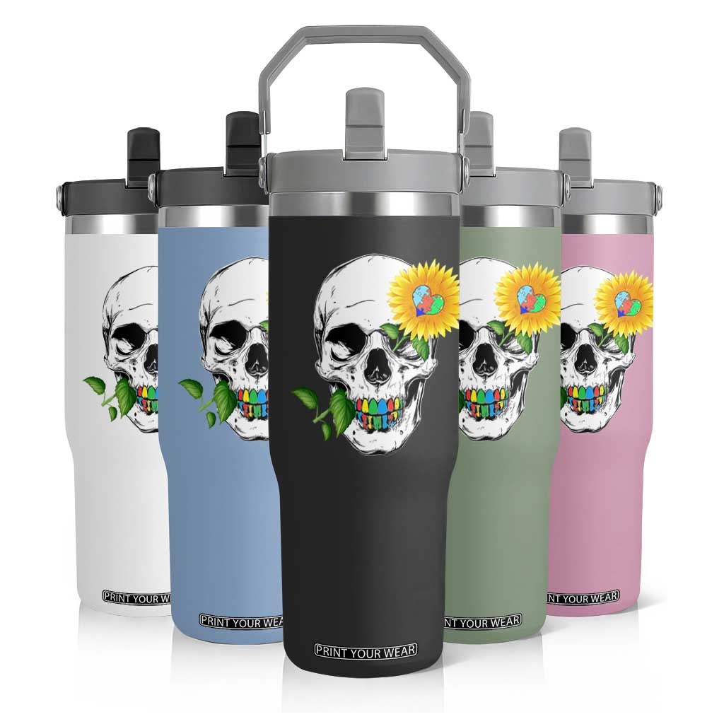Autism Skull Sunflower Flip Straw Tumbler Support Autistic Puzzle Pieces Heart TS02 Print Your Wear