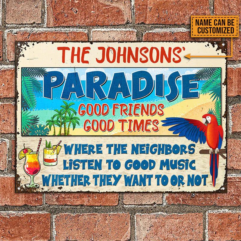 Personalized Metal Sign Beach Parrot Paradise Good Music, Beach House, Outdoor Bar Decor CTM One Size 24x18 inch (60.96x45.72 cm) Custom - Printyourwear