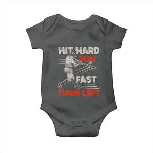 Baseball Lover Baby Onesie Hit Hard Run Fast Turn Left Softball Fan TS02 Dark Heather Print Your Wear