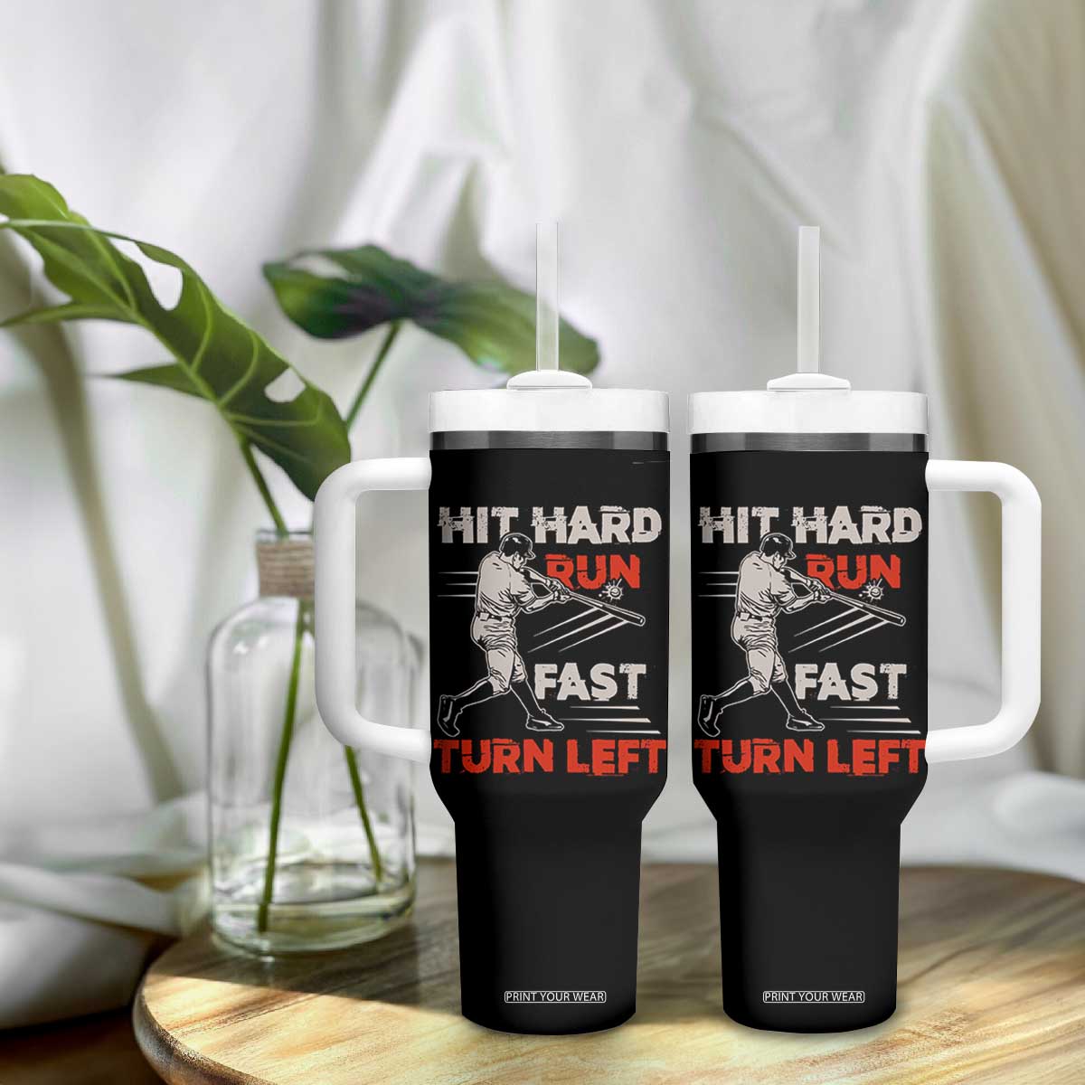 Baseball Lover Tumbler With Handle Hit Hard Run Fast Turn Left Softball Fan TS02 Print Your Wear