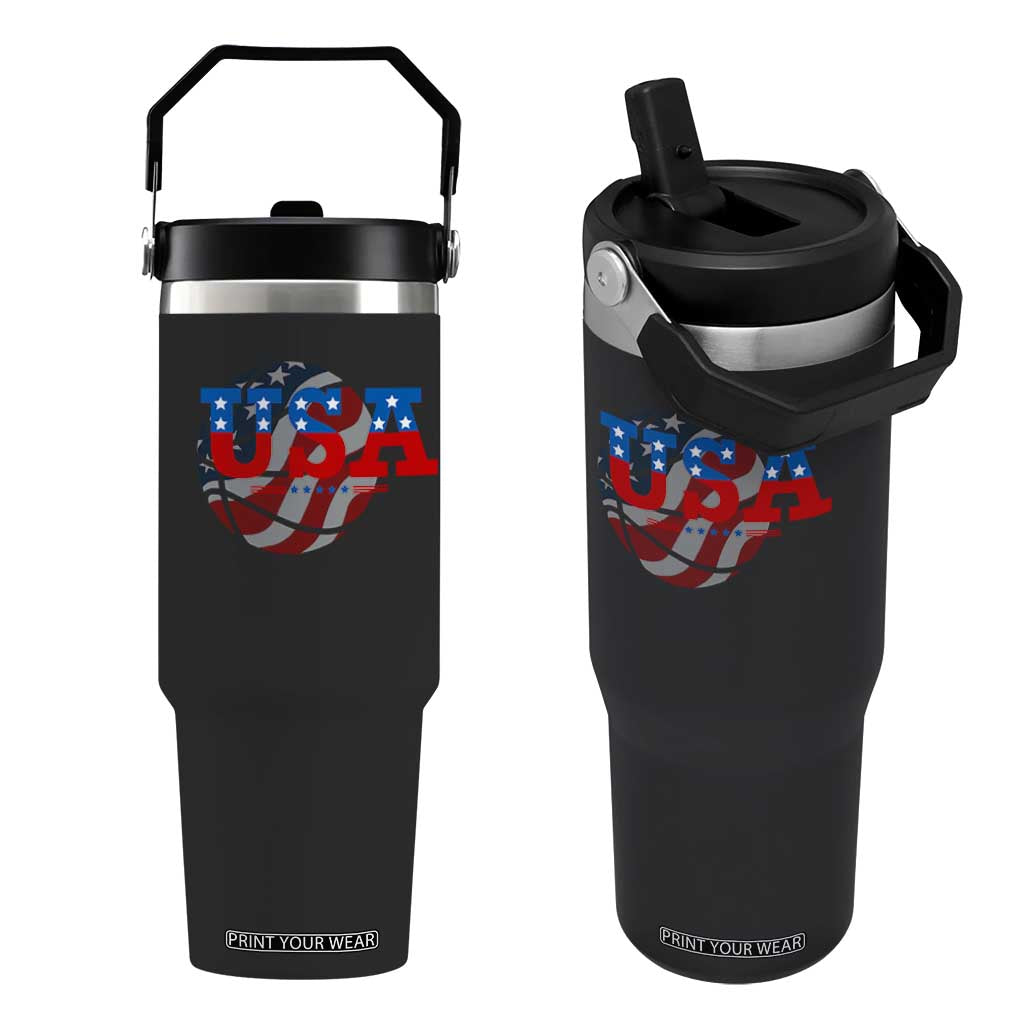 Basketball Flip Straw Tumbler USA Patriotic American Flag Stars and Stripes Team Sport Fan TS02 One Size: 30 oz Black Print Your Wear