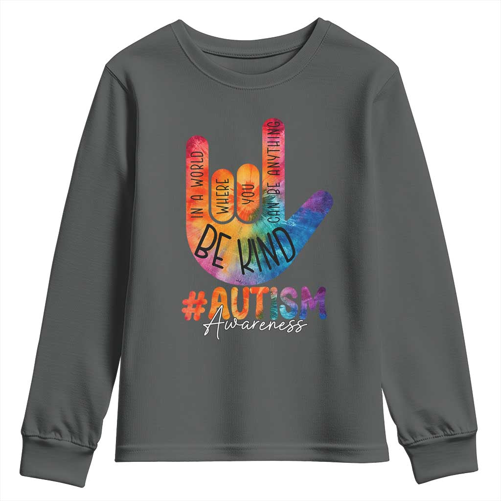 Be Kind ASL Autism Awareness Youth Sweatshirt Love Sign Language Hand Tie Dye TS10 Dark Heather Print Your Wear